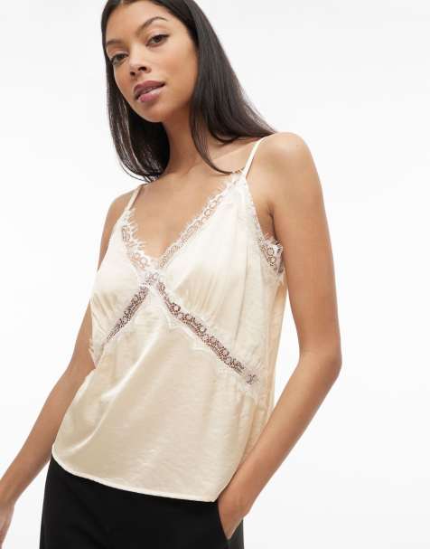 Vila stain-style camisole top with lace detail in cream - view 1