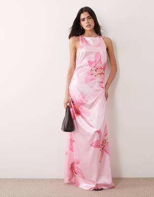 VILA statement floral maxi dress in cherry blossom pink cherry blossom