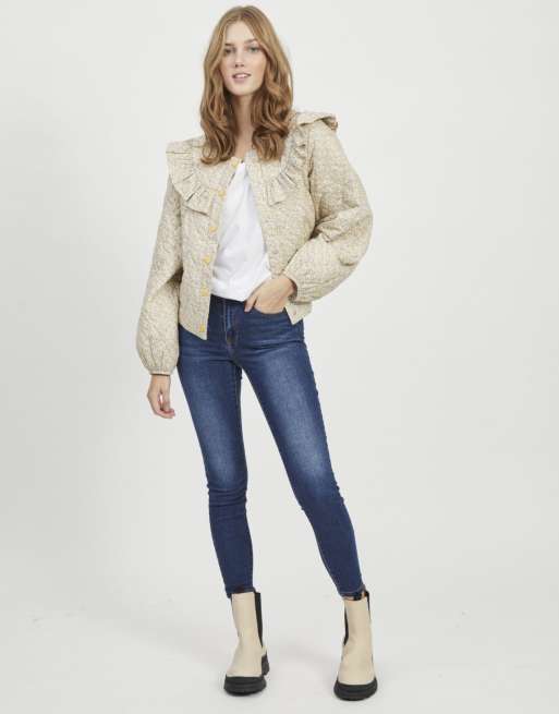 Vila – Steppjacke mit auffälligem Kragen in Gelb mit Blumenmuster, 4 von 4