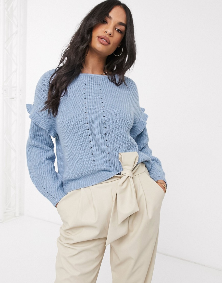 Vila stitch detail jumper with ruffle detail in blue