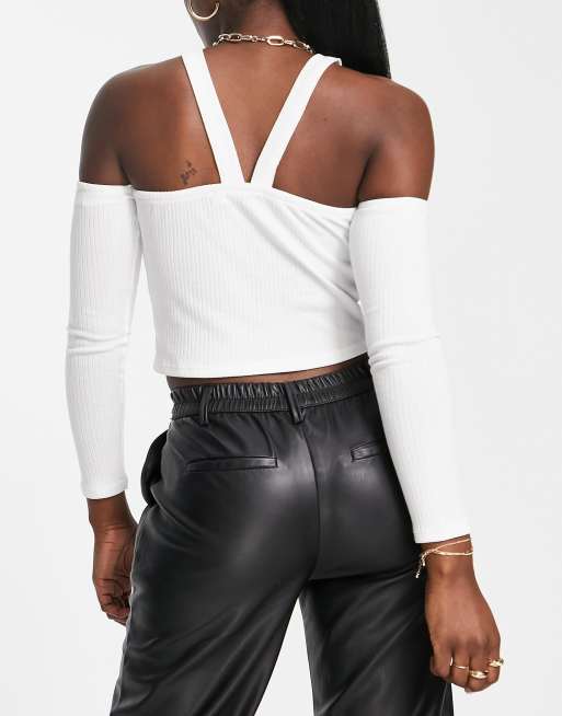 Vila strappy crop top with long sleeves in white, 2 of 4