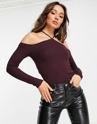 Vila strappy halter neck top with cut out shoulder in wine