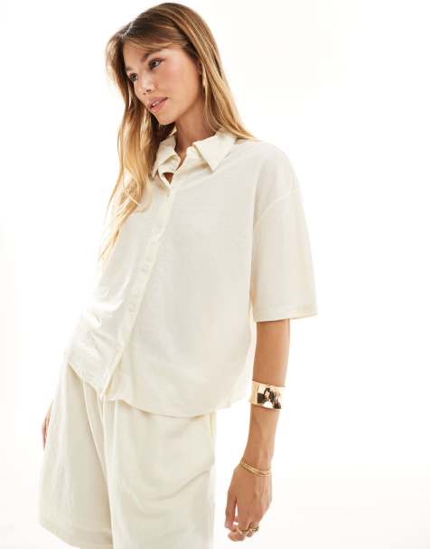 Vila stretch textured jersey shirt co-ord in cream - view 1