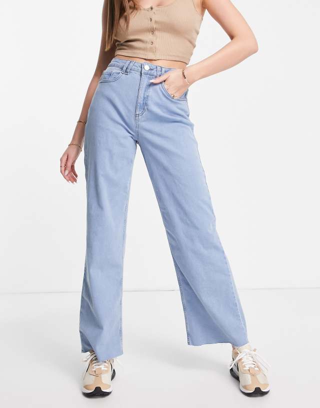 Vila stretch wide leg jeans with raw hem in light blue wash