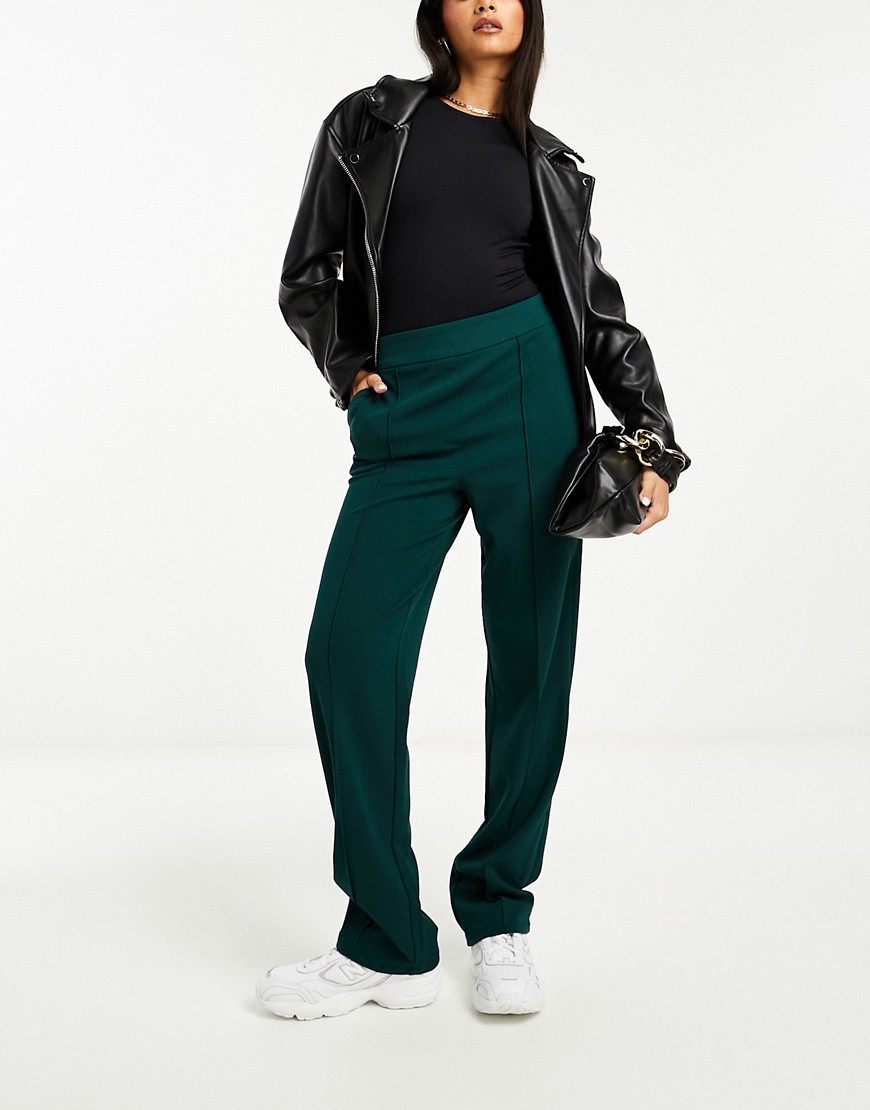 Vila stretch wide leg trousers with pin tuck front in dark green