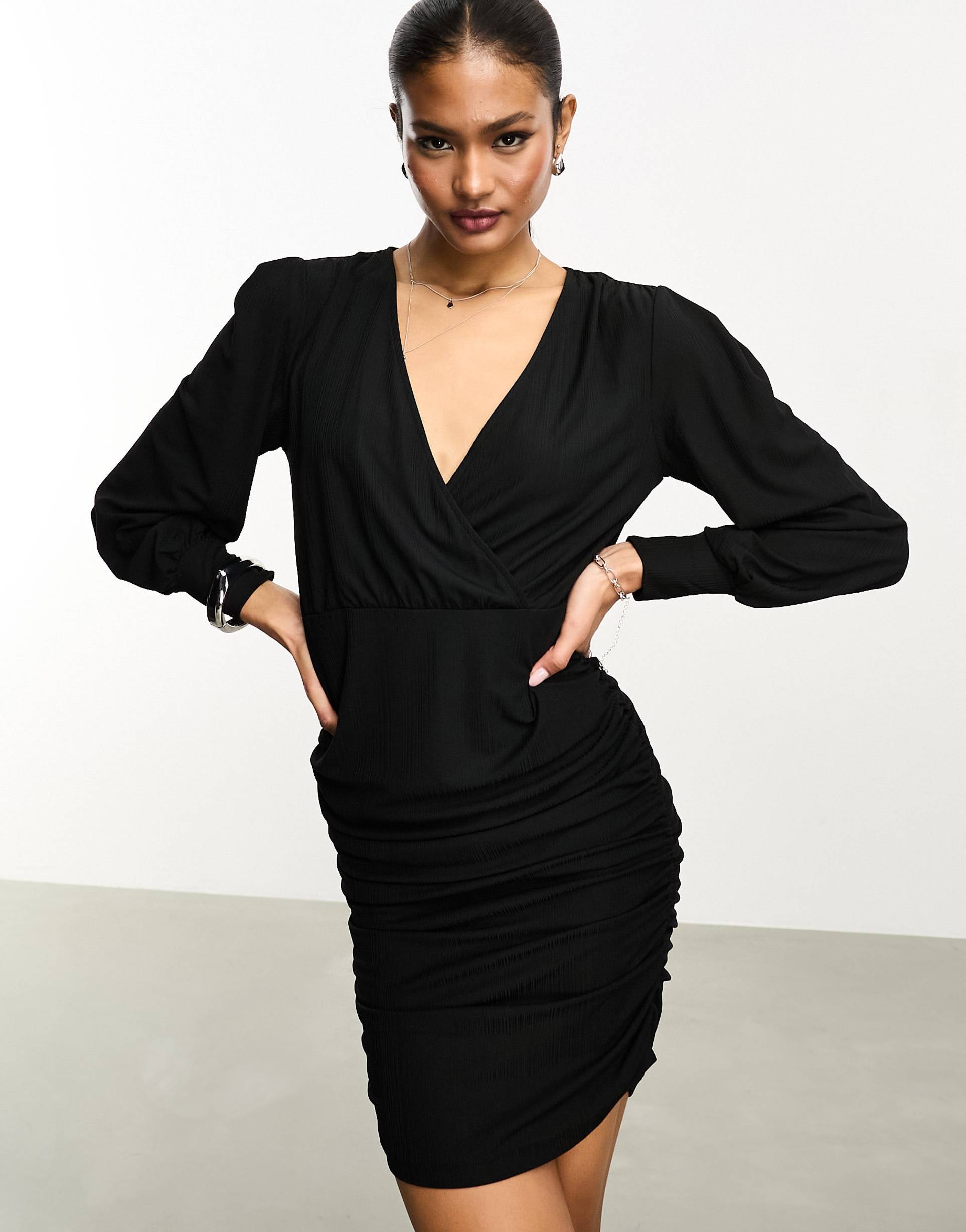 vila stretch wrap bodycon mini dress in black