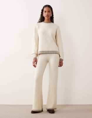 Vila - Strickhose in Cremeweiß mit weitem Bein und Kontrastbesatz, Kombiteil
