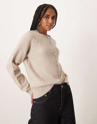 VILA - Strickjacke in meliertem Naturton mit Knopfleiste und Knöpfen in Perlmuttoptik-Neutral