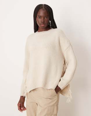 VILA - Strickpullover in Creme mit Fransen-Weiß