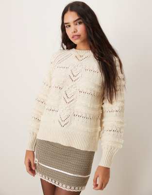 Vila - Strickpullover in Creme mit Zierdetails-Weiß