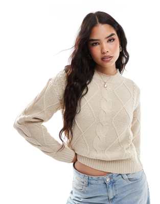 Thumbnail - Vila - Strickpullover in Cremeweiß mit Rundhalsausschnitt und Zopfmuster-Neutral