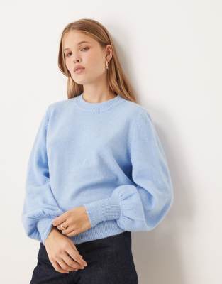 VILA - Strickpullover in Hellblau mit Ballonärmeln