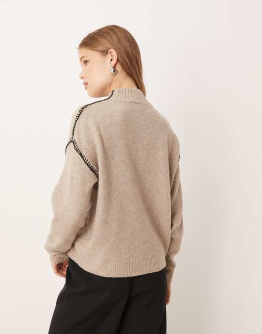 VILA – Strickpullover in meliertem Naturton mit Kontrastbesatz , 4 von 4