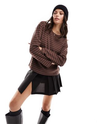 Vila stripe oversized long sleeved t-shirt in brown and black stripe