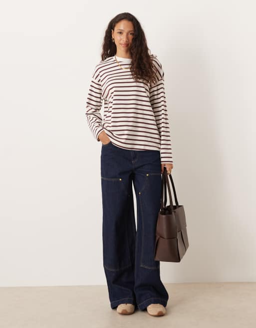 VILA striped long sleeve t-shirt in white and brown