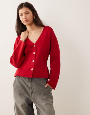 Vila Structured Waist Detail Knit Cardigan With Gold Hammered Buttons In Red