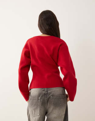 Vila Structured Waist Detail Knit Cardigan With Gold Hammered Buttons In Red