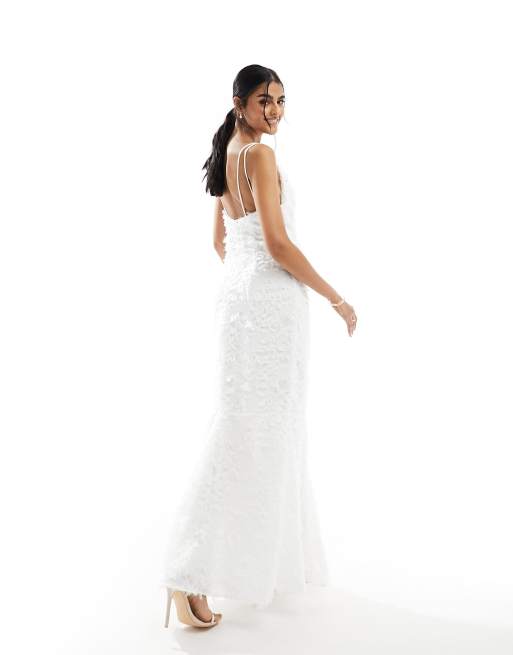 Vila – Strukturiertes Camisole-Maxi-Brautkleid in Weiß mit Wasserfallausschnitt und tiefem Rücken, 3 von 4