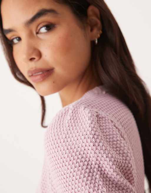 VILA – Strukturiertes, gestricktes, kurzärmliges T-Shirt in Orchidee-Rosa, 2 von 4