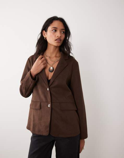 Vila suede-look tailored blazer co-ord in chocolate brown - view 1