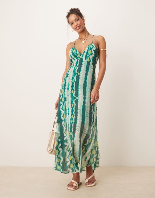 VILA – Sukienka maxi ze skrzyżowanymi paskami na plecach w zielony wzór z efektem tie dye