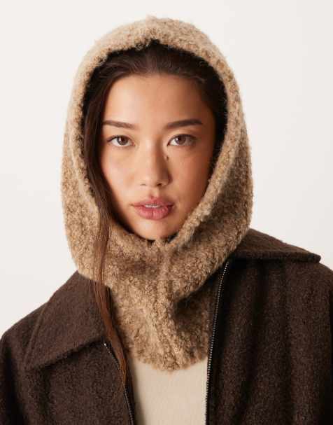 Vila super soft boucle knitted balaclava in light brown - view 1