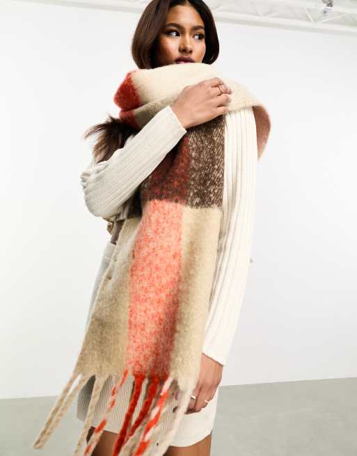 Vila super soft chunky tassel scarf in bright pink check
