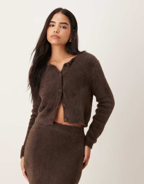 Vila super soft fluffy cardigan co-ord in chocolate brown - view 1