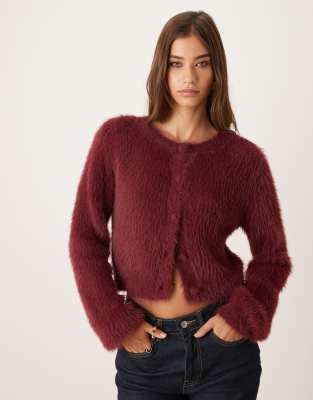 Vila Super Soft Fluffy Knit Cardigan In Brown