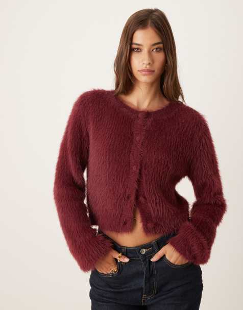 Vila super soft fluffy knit cardigan in burgandy - view 1