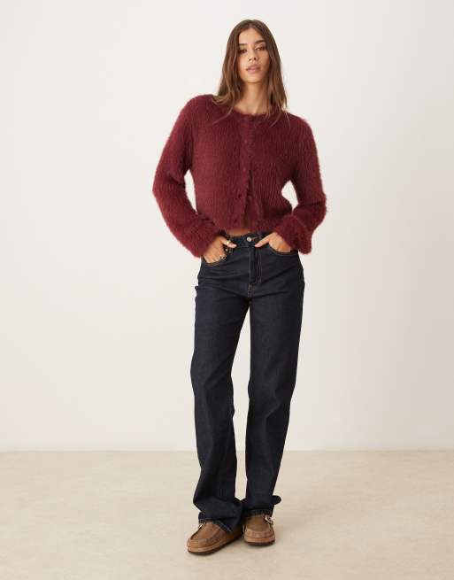 Vila super soft fluffy knit cardigan in burgandy