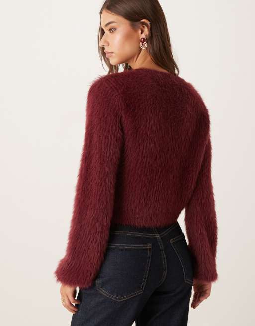 Vila super soft fluffy knit cardigan in burgandy