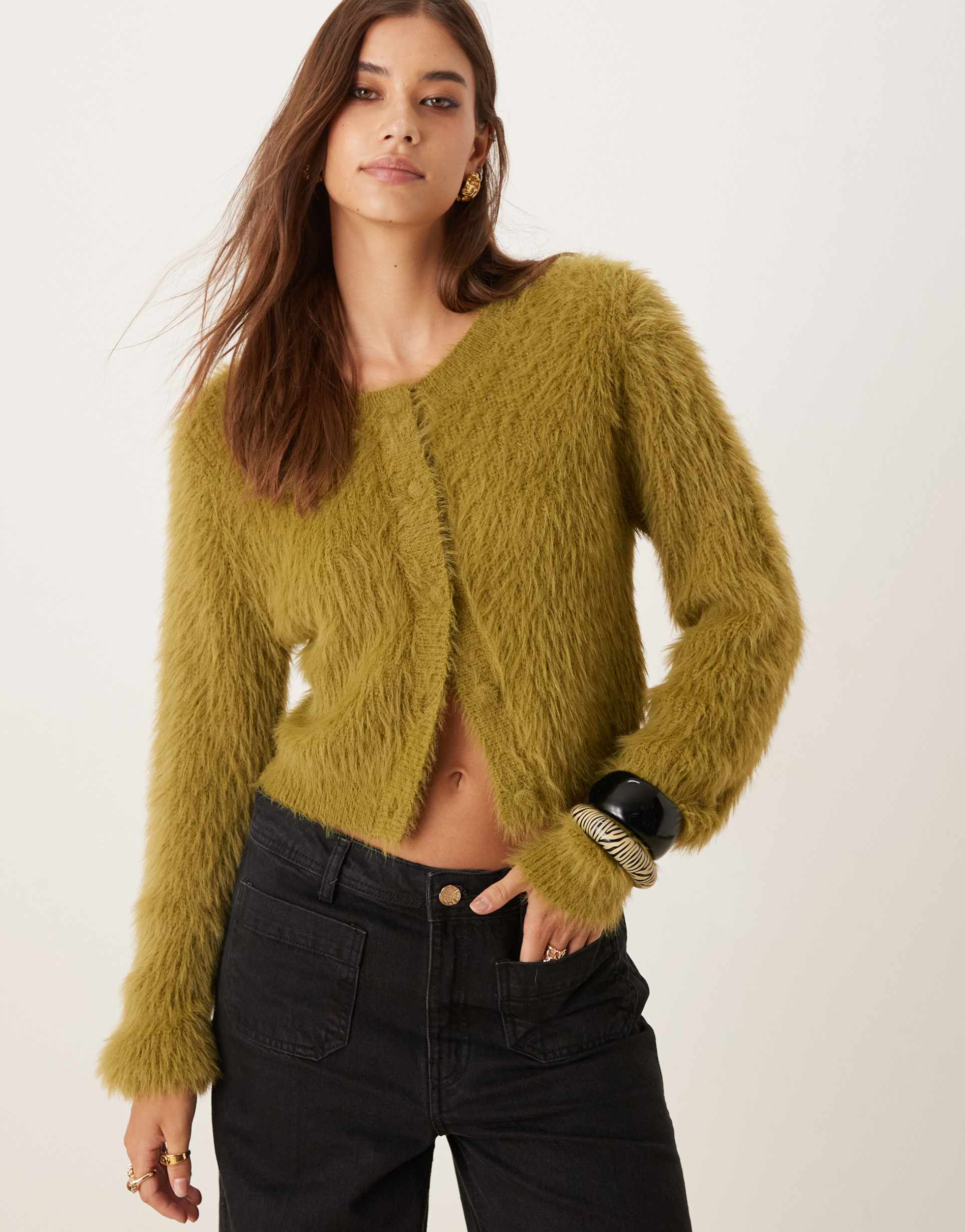 vila super soft fluffy knit cardigan in green