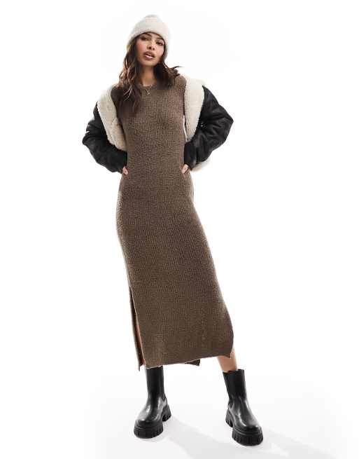 Vila super soft fluffy maxi jumper dress in brown