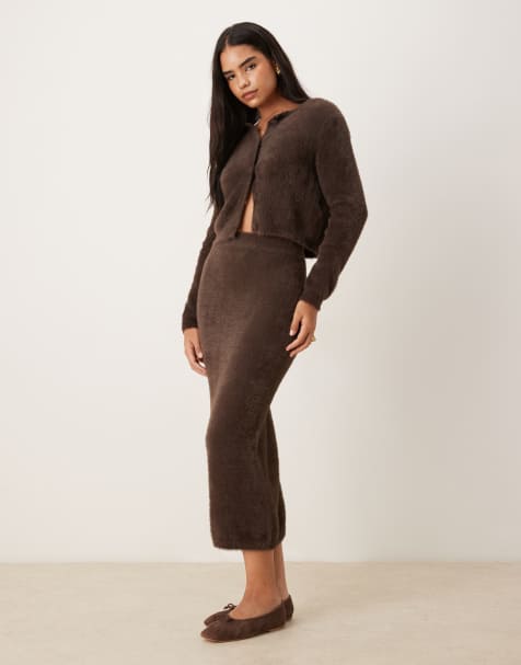 Vila super soft fluffy maxi skirt co-ord in chocolate brown - view 1