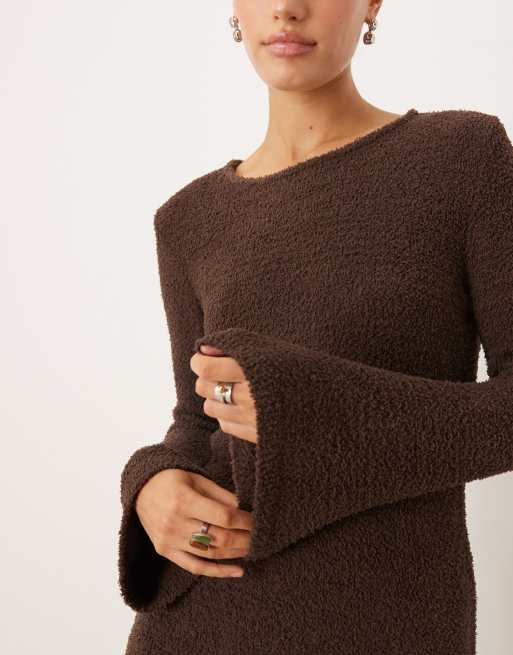 VILA super soft fluffy maxi sweater dress in chocolate brown, 3 of 4