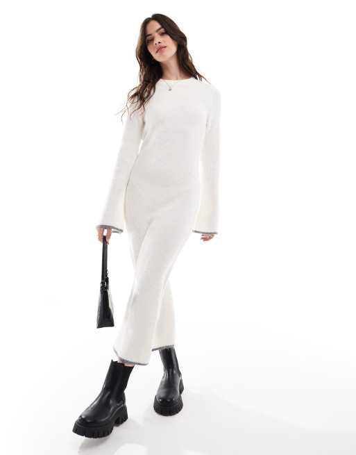 Vila super soft knit midi dress with contrast edge in winter white