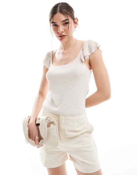 Vila super soft ribbed square neck top with fine crochet sleeve detail in beige - view 1