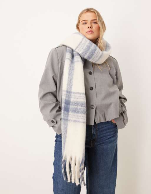 VILA super soft tassel scarf in navy and cream check