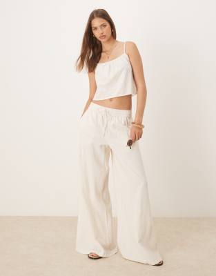 Vila Vila super wide leg linen look trouser co-ord in birch cream-White