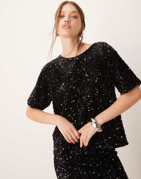 Vila – Svart t-shirt med paljetter i velour, del av set - view 1