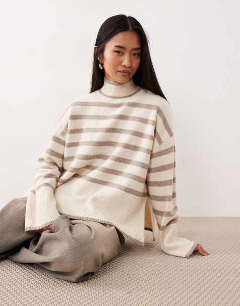 Vila high neck stripe jumper in cream and beige