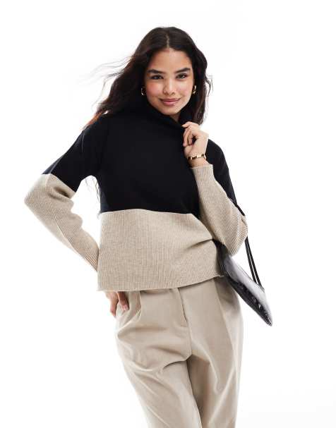 Vila high neck colourblock jumper in black and neutral 