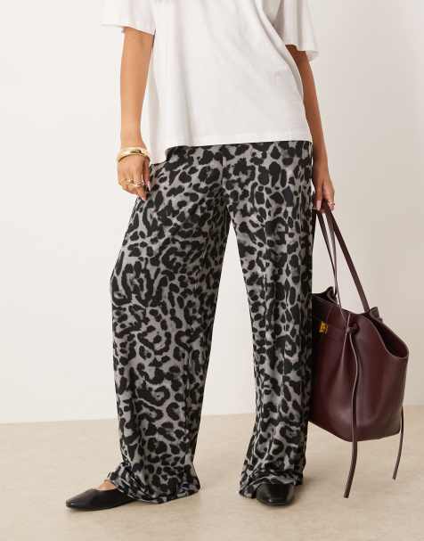 Vila pull on wide leg trousers in grey leopard print