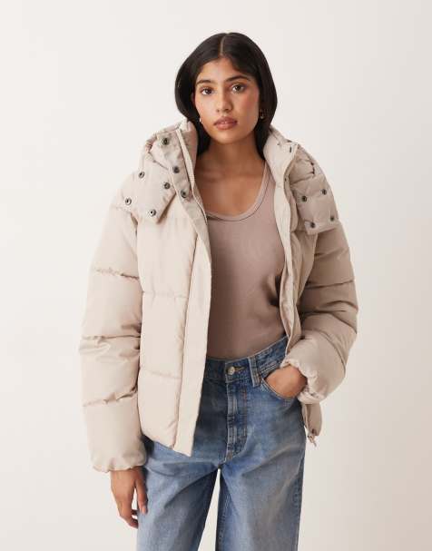 VILA – Szarobeżowa krótka ocieplana kurtka z kapturem - view 1