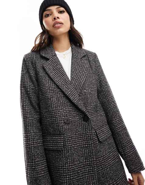 Vila double breasted wool blazer coat in grey check 