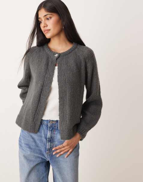 Vila button detail knitted cardigan in medium grey melange