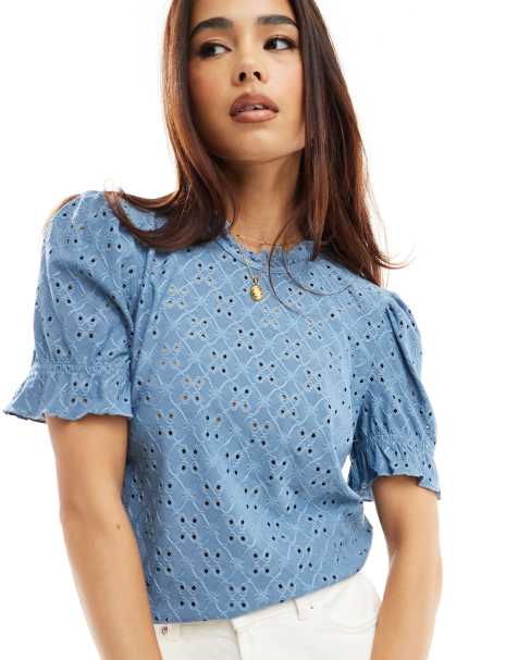 Vila - T-shirt à broderie anglaise en jersey - Bleu - view 1