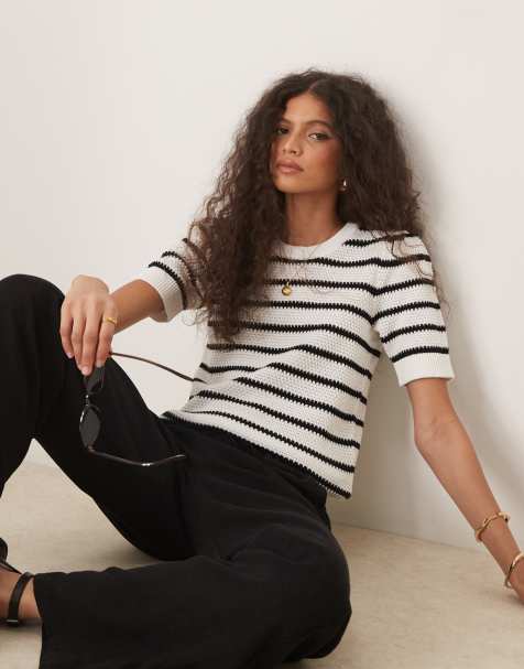 VILA - T-shirt a maniche corte in maglia bianca a righe nere - view 1