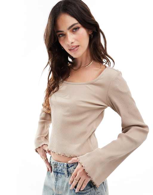 Vila - T-shirt a maniche lunghe color moka con bordi smerlati e scollo rotondo